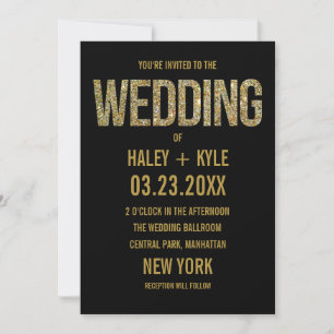Black & Gold Glitter Typography Wedding Invitation Kaart