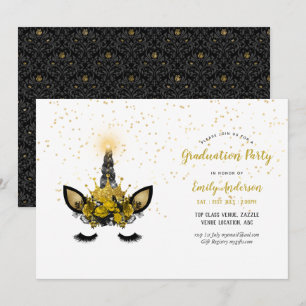 Black Gold Glitter Unicorn AFSTUDEREN Girl Party Kaart