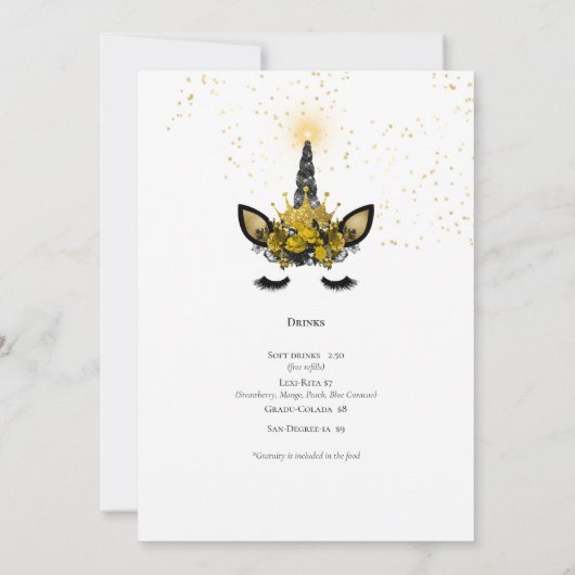 Black Gold Glitter Unicorn AFSTUDEREN MENU Kaart (Achterkant)