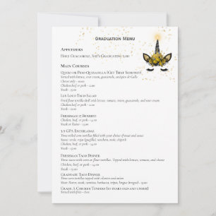 Black Gold Glitter Unicorn AFSTUDEREN MENU Kaart