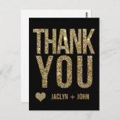 Black & Gold Glitter Wedding Bedankt Briefkaart (Voorkant / Achterkant)