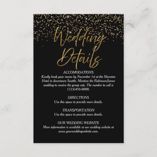 Black & Gold Glitter Wedding Details Kaart (Voorkant)
