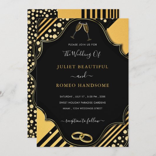 Black Gold Glitter Wedding Invitation Sjabloon (Voorkant / Achterkant)