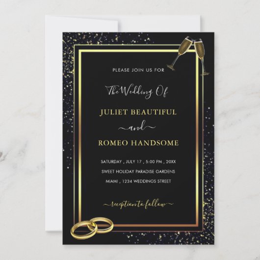 Black Gold Glitter Wedding Invitation Sjabloon (Voorkant)