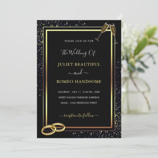 Black Gold Glitter Wedding Invitation Sjabloon (Staand voorkant)