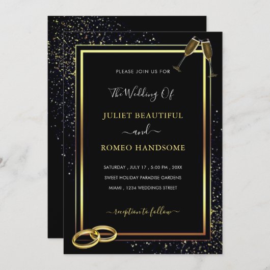 Black Gold Glitter Wedding Invitation Sjabloon (Voorkant / Achterkant)