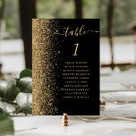 Black Gold Glitter Wedding Kaart<br><div class="desc">De linkerrand van deze elegante moderne trouwtafel-nummerkaart is voorzien van een gouden faux glitter grens. Het woord "lijst"verschijnt in goud-gekleurd whimsical handschrift manuscript op een zwarte achtergrond. Voeg de namen van uw gasten toe die aan elke lijst worden toegewezen.</div>