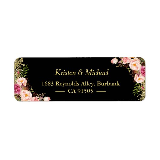 Black Gold Glitters Pink Floral Etiket (Voorkant)