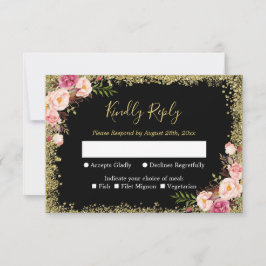 Black Gold Glitters Pink Floral Wedding RSVP Antwo