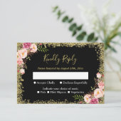 Black Gold Glitters Pink Floral Wedding RSVP Antwo (Staand voorkant)