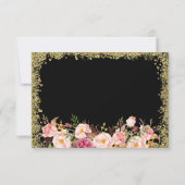 Black Gold Glitters Pink Floral Wedding RSVP Antwo (Achterkant)