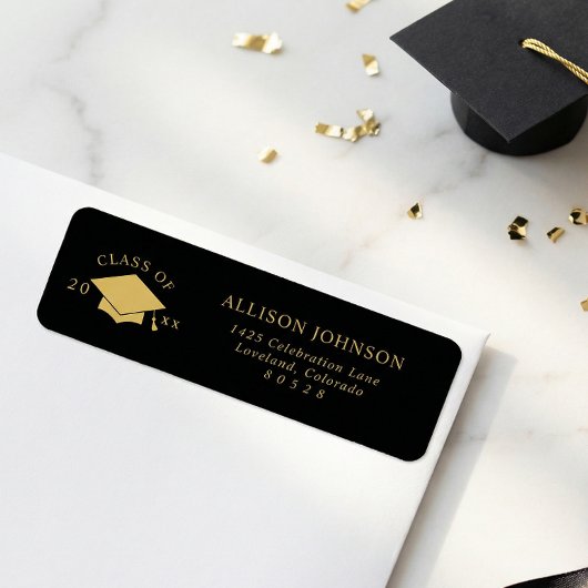 Black Gold Graduation Cap Return Address Etiket