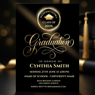 Black & Gold Graduation Invitation | Class of 2026 Kaart