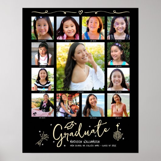 Black Gold Graduation K–12 Photo Collage Doodles Poster (Voorkant)