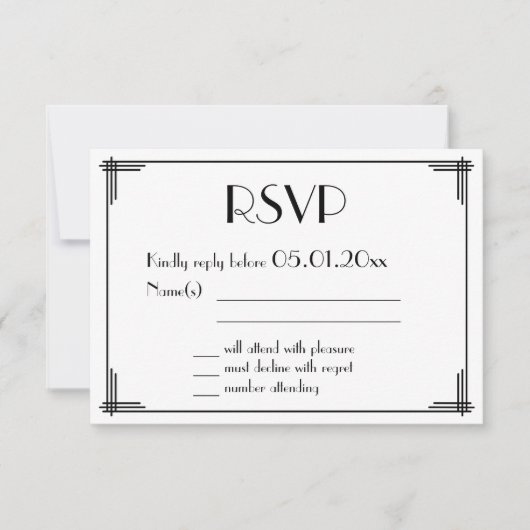 Black Gold Great Gatsby Art Deco Wedding RSVP-Kaar RSVP Kaartje (Voorkant)