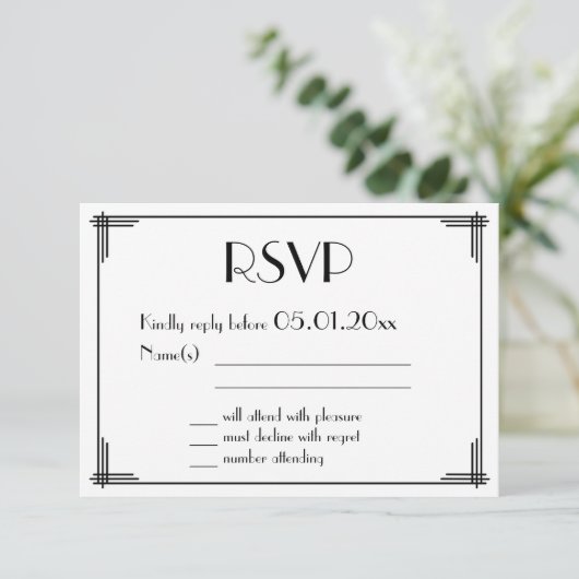 Black Gold Great Gatsby Art Deco Wedding RSVP-Kaar RSVP Kaartje (Staand voorkant)