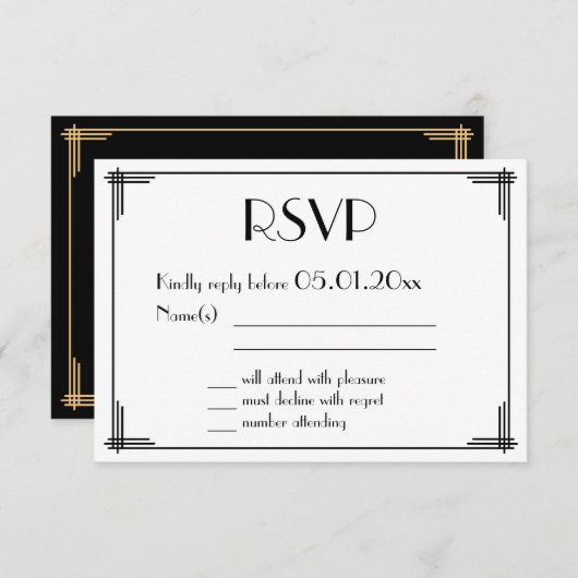 Black Gold Great Gatsby Art Deco Wedding RSVP-Kaar RSVP Kaartje (Voorkant / Achterkant)