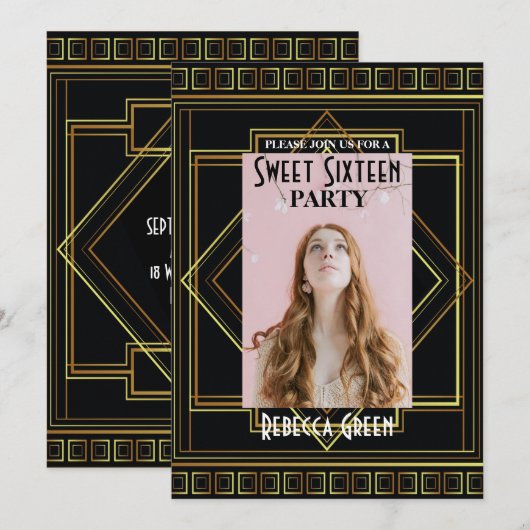 Black Gold Great Gatsby Sweet 16 feesten Kaart (Voorkant / Achterkant)
