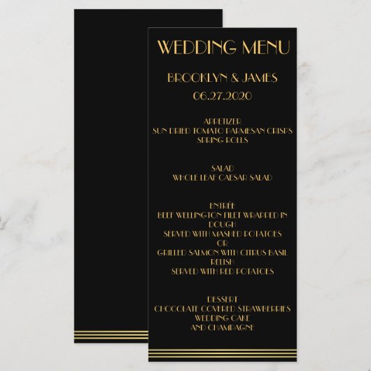 Black Gold Great Gatsby Wedding Menu Kaarten (Voorkant / Achterkant)