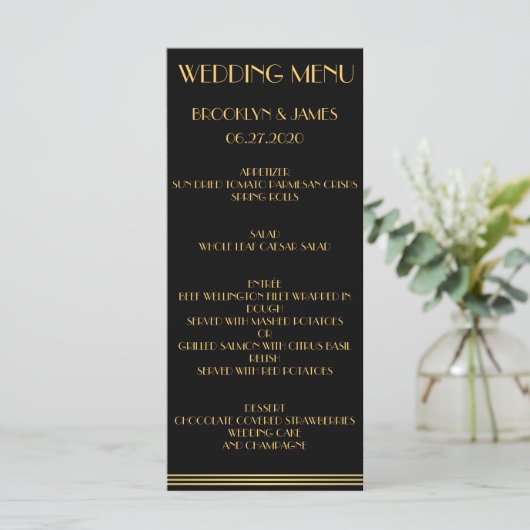 Black Gold Great Gatsby Wedding Menu Kaarten (Staand voorkant)