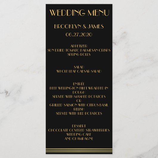 Black Gold Great Gatsby Wedding Menu Kaarten (Voorkant)