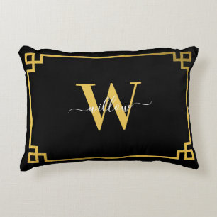 Black & Gold Greek Key Monogrammen Accent Kussen