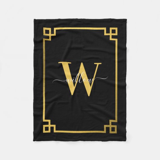 Black & Gold Greek Key Monogrammen Fleece Deken (Voorkant)