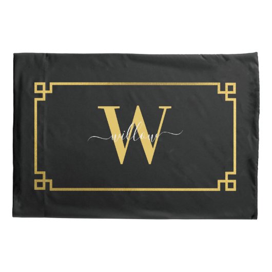 Black & Gold Greek Key Monogrammen Kussensloop (Achterkant-Links)