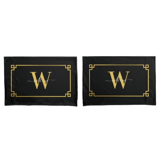 Black & Gold Greek Key Monogrammen Kussensloop (Voorkant-Set)