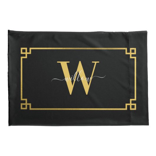 Black & Gold Greek Key Monogrammen Kussensloop (Achterkant-Rechts)