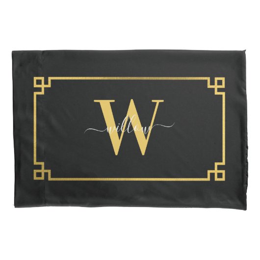 Black & Gold Greek Key Monogrammen Kussensloop (Voorkant-Links)