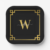 Black & Gold Greek Key Monogrammen Papieren Bordje (Voorkant)