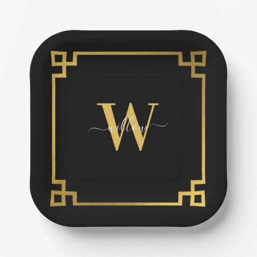Black & Gold Greek Key Monogrammen Papieren Bordje (Voorkant)