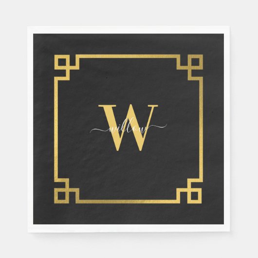 Black & Gold Greek Key Monogrammen Servet (Voorkant)