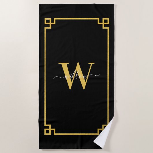 Black & Gold Greek Key Monogrammen Strandlaken (Voorkant)