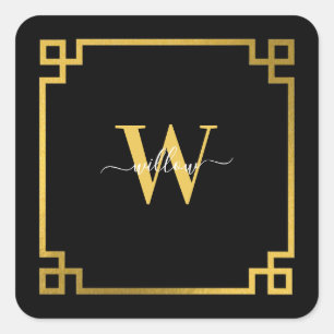 Black & Gold Greek Key Monogrammen Vierkante Sticker