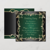 Black/Gold & Green Swirl Verjaardag Uitnodiging (Voorkant / Achterkant)
