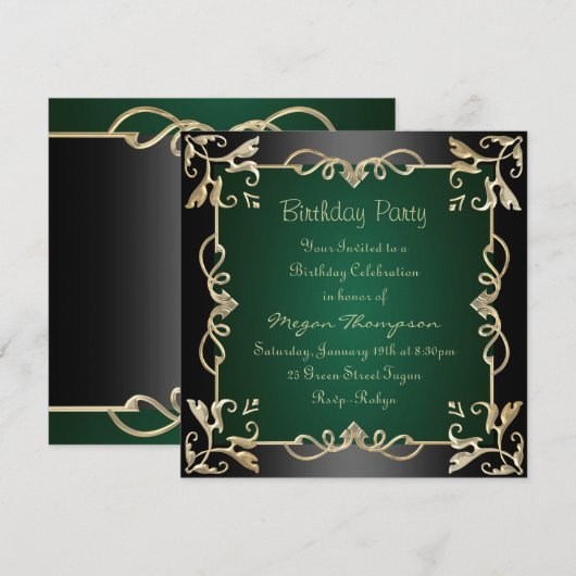 Black/Gold & Green Swirl Verjaardag Uitnodiging (Voorkant / Achterkant)