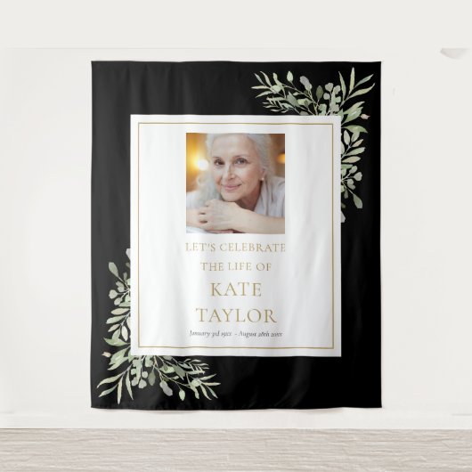 Black Gold Greenery Fotobegrafenis herdenkingsdien Wandkleed (Voorkant)