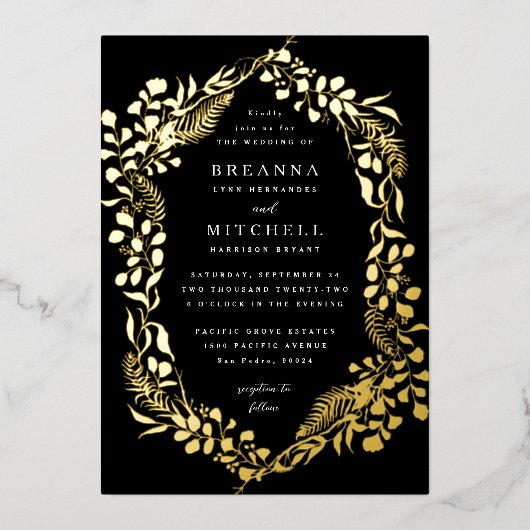 Black Gold Hand-draw Fern Eucalyptus Wedding Folie Uitnodiging (Voorkant)