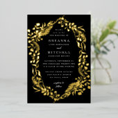 Black Gold Hand-draw Fern Eucalyptus Wedding Folie Uitnodiging (Staand Voorkant)