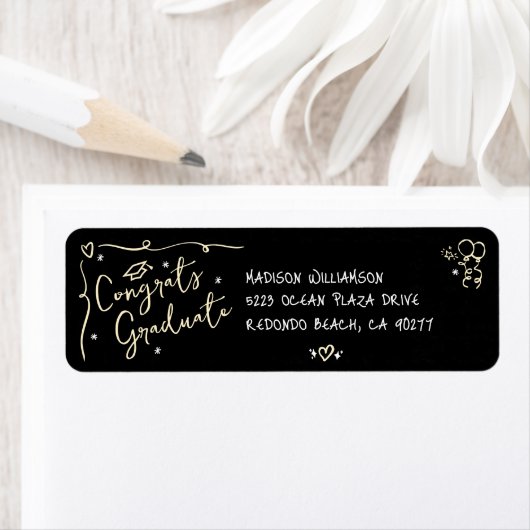 Black Gold Hand Drawn Doodle Graduation Address Etiket (Insitu)
