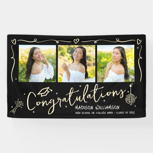 Black Gold Hand Drawn Doodles Graduation 3 Photo Spandoek (Horizontaal)