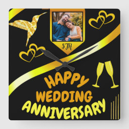 Black & Gold Happy 5th Wedding Jubileum Gift Vierkante Klok