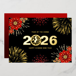 Black Gold Happy Chinese New Year of the Horse Folie Feestdagenkaart
