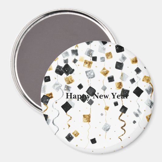 Black Gold Happy New Year Confetti Magneet (Voorkant / Achterkant)