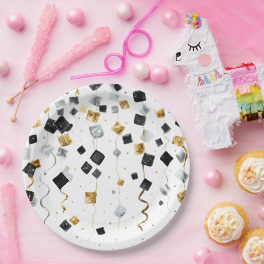 Black Gold Happy New Year Confetti Papieren Bordje (Feest)