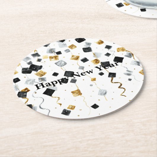 Black Gold Happy New Year Confetti Ronde Kartonnen Onderzetter (Gebogen)