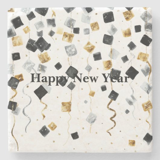 Black Gold Happy New Year Confetti Stenen Onderzetter (Voorkant)