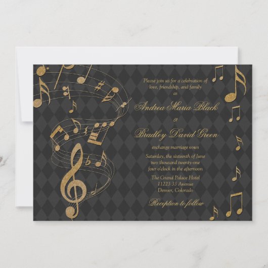 Black Gold Harlequin Music Wedding Invitation Kaart (Voorkant)